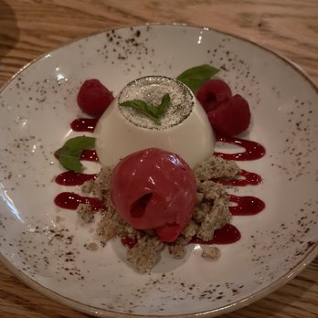 Giulia - Basil Panna Cotta with Lemon Poppyseed Streusel and Raspberry Sorbet - Italian Near Me - Cambridge, Massachusetts