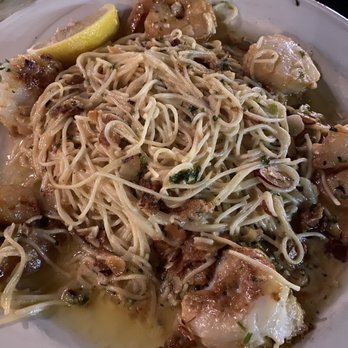 Uricchio's Trattoria - Large Shrimp And Sea Scallops Almondine with Angel Hair Pasta - Italian Near Me - Bakersfield, California Uricchio's Trattoria - Large Shrimp And Sea Scallops Almondine with Angel Hair Pasta - Italian Near Me - Bakersfield, California