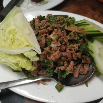 Vientian Cafe - beef larb (med spicy, med rare) (good), mix before serve, saltier at bottom - Vietnamese Near Me - Oakland, California Vientian Cafe - beef larb (med spicy, med rare) (good), mix before serve, saltier at bottom - Vietnamese Near Me - Oakland, California
