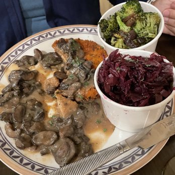 Rathskeller - Pork Jagerschnitzel (loads of mushrooms) with red cabbage and roasted broccoli. - German Near Me - Elkridge, Maryland