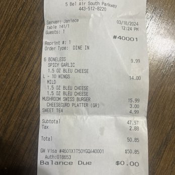 Buffalo Wild Wings - Receipt - Chicken Wings Near Me - Bel Air, Maryland Buffalo Wild Wings - Receipt - Chicken Wings Near Me - Bel Air, Maryland