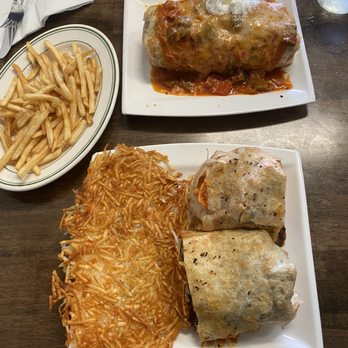 Jarro’s cafe - Loaded breakfast burrito and Chilaquiles Asada Burrito with eggs added. - Breakfast & Brunch Near Me - Moorpark, California