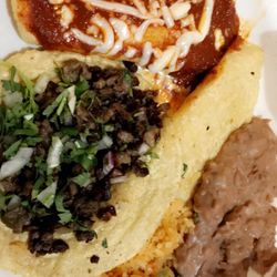 ##2. Quesadilla, 1 Enchilada and 1 Taco Combinacion with rice and beans tortillas made by hand