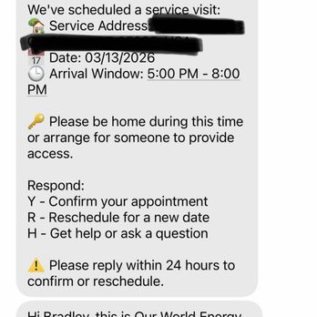 Our World Energy - Second appointment they scheduled on the 13th of March. NO SHOW. - Solar Installation Near Me - Phoenix, Arizona Our World Energy - Second appointment they scheduled on the 13th of March. NO SHOW. - Solar Installation Near Me - Phoenix, Arizona