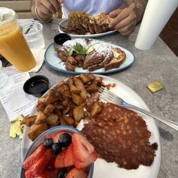 Corned beef hash, fruit replacing eggs, potato's, French toast, kalbi short ribs, fried rice and Mac salad Corned beef hash, fruit replacing eggs, potato's, French toast, kalbi short ribs, fried rice and Mac salad