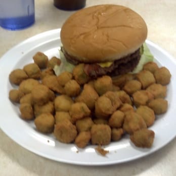 JT Cafe - Double Bacon Cheese Burger with Fried Okra! - Cafes Near Me - St. John, Kansas JT Cafe - Double Bacon Cheese Burger with Fried Okra! - Cafes Near Me - St. John, Kansas