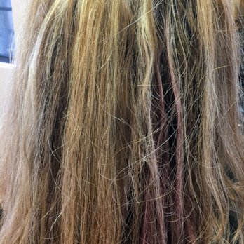 Cut - Before  choppy uneven cut-bleached partials- pink strand- matted-broken strands & split dead ends - Hair Salons Near Me - San Diego, California