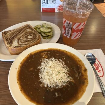 Jason's Deli - Spicy Seafood Gumbo with bread, Arnold Palmer and some pickles - Delicious - Delis Near Me - Austin, Texas