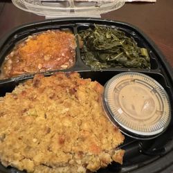 Denoris Restaurant and Catering - Cornbread dressing with gravy on the side, collard greens, sweet potatoes casserole