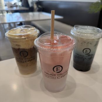 Trung Nguyen E-Coffee - Banana cream coffee, Pink Berry  Cconut Refresher and Blue Butterfly Latte (Pandan). From left to right - Coffee & Tea Near Me - Long Beach, California