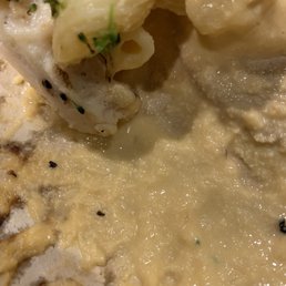 The grainy cheese sauce full of what looks like flower. A close up view.