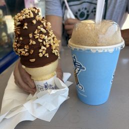 Chocolate dipped cone with nuts and root beer float