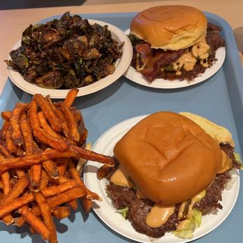 For the Win - Cheeseburgers, Brussels sprouts, and sweet potato fries - Burgers Near Me - Los Angeles, California