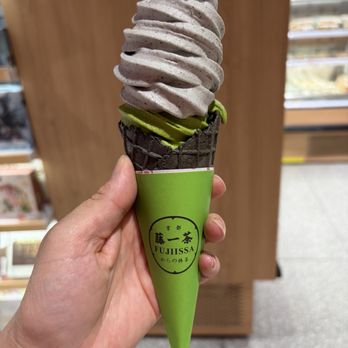 Fujiissa - Matcha (bottom) and black sesame (top) in black cone $7.80 + tax - Coffee & Tea Near Me - New York, New York