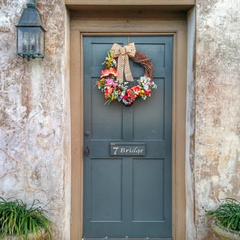 The Sanchez House - Front Door with our wreath for the wedding - Venues & Event Spaces Near Me - St. Augustine, Florida