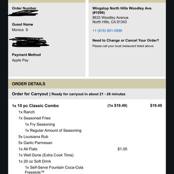 Wingstop - He was my order -- oh and I see they charged me for a large fries and I only got the fries that came with the combo. NICE! :( - Chicken Wings Near Me - North Hills, California Wingstop - He was my order -- oh and I see they charged me for a large fries and I only got the fries that came with the combo. NICE! :( - Chicken Wings Near Me - North Hills, California
