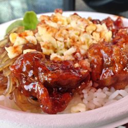 Cupspops - Sweet Spicy fried chicken gangjung, with white rice, rice noodles, corn, egg and greens, topped with the very spicy buldak sauce..