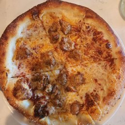Vegan cheese pizza with sausage ($15.50 for healthy hour), weird the sausage is not evenly distributed across the pizza Vegan cheese pizza with sausage ($15.50 for healthy hour), weird the sausage is not evenly distributed across the pizza