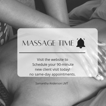 Samantha Anderson, LMT - Visit website to schedule your appointments. No calls. - Massage Therapy Near Me - Richmond, Virginia Samantha Anderson, LMT - Visit website to schedule your appointments. No calls. - Massage Therapy Near Me - Richmond, Virginia