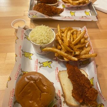 The Angry Chickz - Butter Rice, Chicken Tender on Toast and Chicken Slider Combo #3 (Bottom) and Combo #2 (Top) - Chicken Shop Near Me - Ceres, California