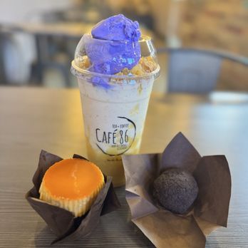 Cafe 86 - Mais Con Yelo, leche flan ube cupcake and ube truffle. - Desserts Near Me - Rancho Cucamonga, California Cafe 86 - Mais Con Yelo, leche flan ube cupcake and ube truffle. - Desserts Near Me - Rancho Cucamonga, California