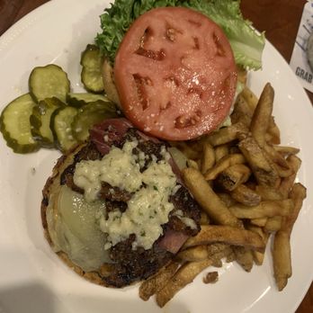 Town Hill Grille - Pepper & Bleu burger with fries - American Near Me - Limerick, Maine