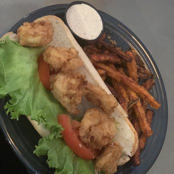 Two Roads Tavern - Fried shrimp po boy with sweet potato fries - Seafood Near Me - Kitty Hawk, North Carolina