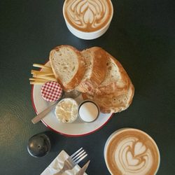 Scandinavian breakfast, flat white, latte.