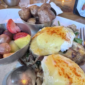 Drift - Duck Benedict - 5/5  Fruit was good but not all fresh cut Potatoes were crispy and delicious - Breakfast & Brunch Near Me - Myrtle Beach, South Carolina
