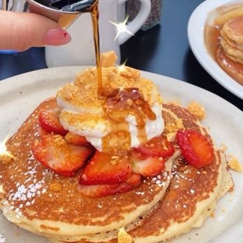 Ria's Bluebird - Special: pancakes with macerated strawberries, whipped cream, and honeycomb brittle (February 2022) - Southern Near Me - Atlanta, Georgia Ria's Bluebird - Special: pancakes with macerated strawberries, whipped cream, and honeycomb brittle (February 2022) - Southern Near Me - Atlanta, Georgia
