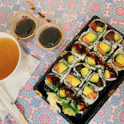 Three Rolls Lunch Special: Salmon Avocado Roll, Tuna Avocado Roll, Eel Avocado Roll and Miso Soup