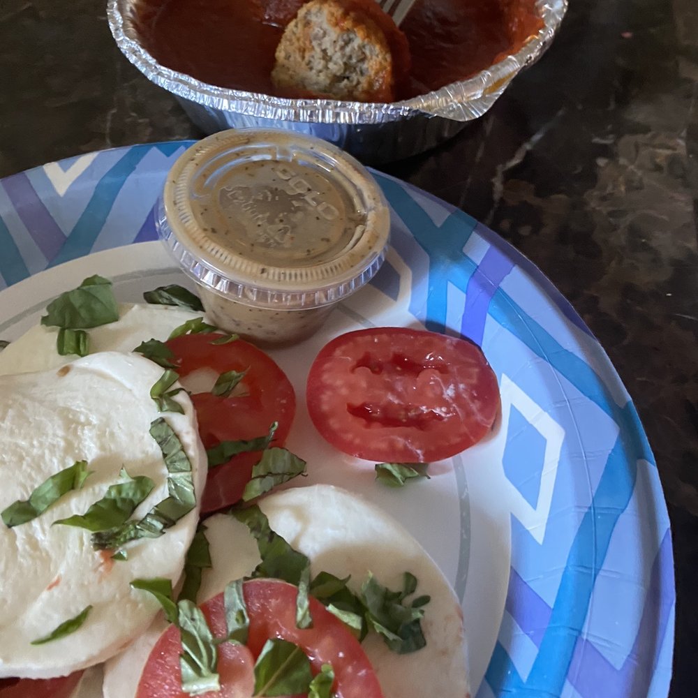 Caprese Salad, side of meatballs. YUM. Caprese Salad, side of meatballs. YUM.