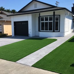 Front yard stamped concrete driveway & walkway plus artificial grass