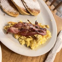 Jay's - Scrambled eggs, bacon, and mini pancakes. The regular ones are huge.