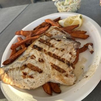Osterville Fish, Too - Swordfish, sweet potato fries , and coleslaw. - Seafood Near Me - Barnstable, Massachusetts
