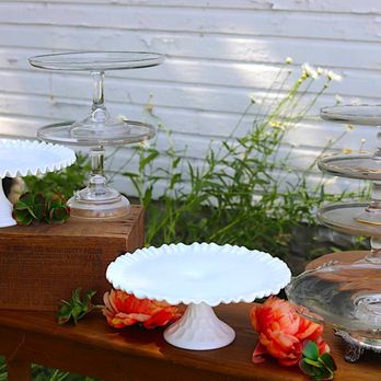 Yesterday's Party - Milk Glass and Clear Glass vintage cake stands. - Party Equipment Rentals Near Me Yesterday's Party - Milk Glass and Clear Glass vintage cake stands. - Party Equipment Rentals Near Me