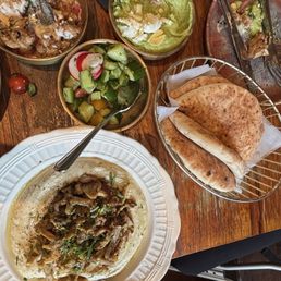 Shawarma Hummus, Mediterranean Salad, Cauliflower,  zucchini