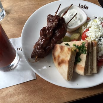 Lola - lamb kebabs with a side of pita and greek salad. - Greek Near Me - Seattle, Washington