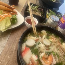 Seafood pho, rib brisket pho, shrimp rolls