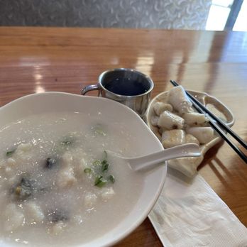 Cousin Cafe - Fish and preserved egg porridge and side of rolled rice sheet. - Chinese Near Me - Newark, California