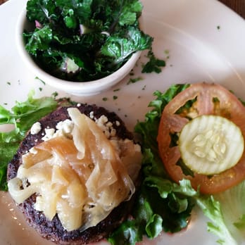 Founders Tavern & Grill - Bunless bison burger with Bleu cheese, and side sautéed kale salad. Delish! - Comfort Food Near Me - Pasadena, Maryland