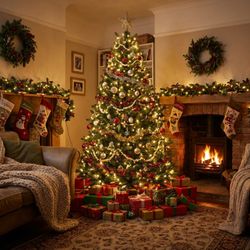Holidynamics - Decorated Warm White Tree
Warm white lights, classic ornaments, and cozy garland create a timeless Christmas living room scene.