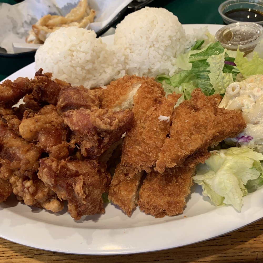 Ladybug Café - Chicken Katsu and Ladybug Fried Chicken Combo Plate with Rice, Mac Salad and Green Salad - Japanese Near Me - Gardena, California Ladybug Café - Chicken Katsu and Ladybug Fried Chicken Combo Plate with Rice, Mac Salad and Green Salad - Japanese Near Me - Gardena, California
