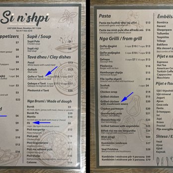 Si n’shpi - Front and back of Si n' shpi menu in June 2023. Arrows placed next to the items we ordered. All were great! - Modern European Near Me - Brooklyn, New York