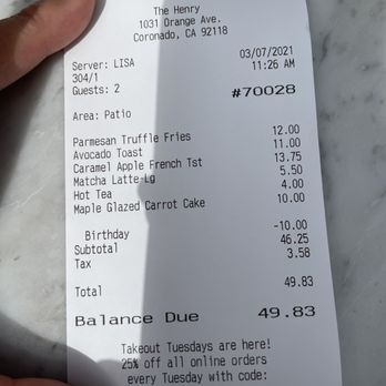 The Henry - Receipt - Coffee & Tea Near Me - Coronado, California