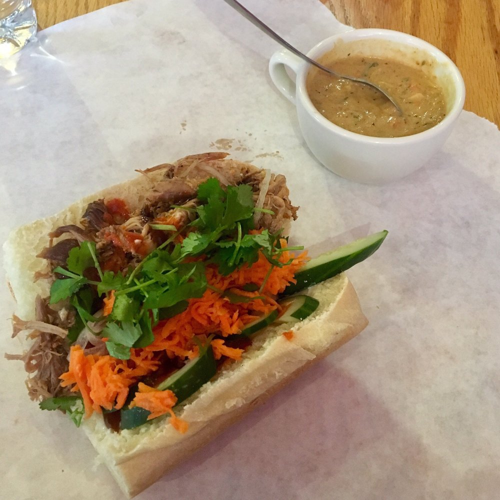Gorgers Subs - Banh mi sandwich and cup of clam chowder - Salad Near Me - Ithaca, New York
