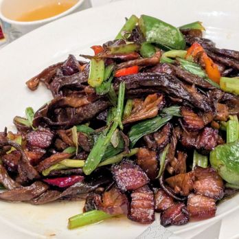 Szechuan Opera - Stir-Fried Bacon w.Tea Tree Mushrooms $22 Excellent dish; very flavorful. - Szechuan Near Me - Flushing, New York