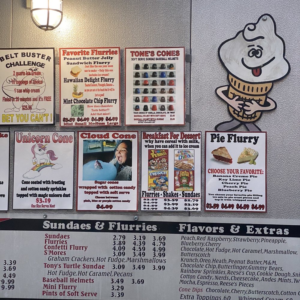 Tone's Cones - Drive thru menu - Ice Cream & Frozen Yogurt Near Me - Ottawa, Illinois Tone's Cones - Drive thru menu - Ice Cream & Frozen Yogurt Near Me - Ottawa, Illinois