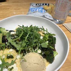 Just Kitchen Jax - Just Make Your Own Platter with Za'atar Spiced Shrimp, Med Base with Hummus, and Cilantro Pesto Sauce.