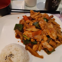 Mango chicken (lunch portion) also comes with miso soup. Mango chicken (lunch portion) also comes with miso soup.